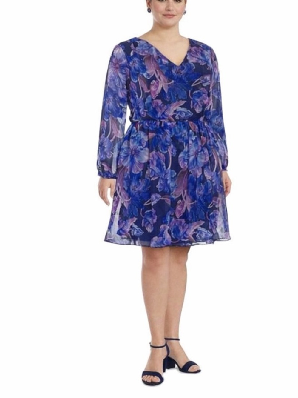Alexia Admor Fall Floral Chiffon Career Desk Dinner Party Navy Purple Dress 2X